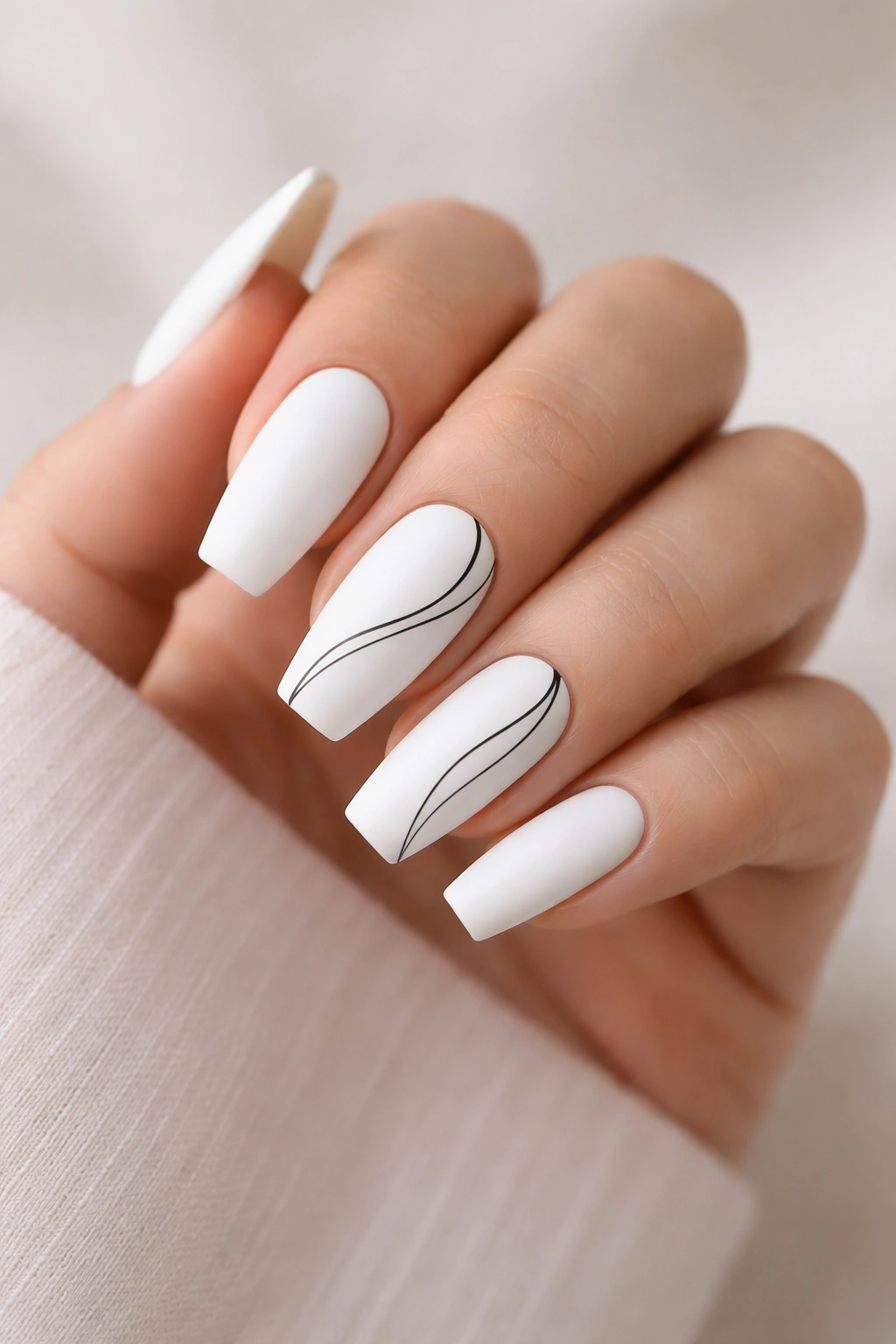 Close-up of matte white coffin nails with minimalist black line art