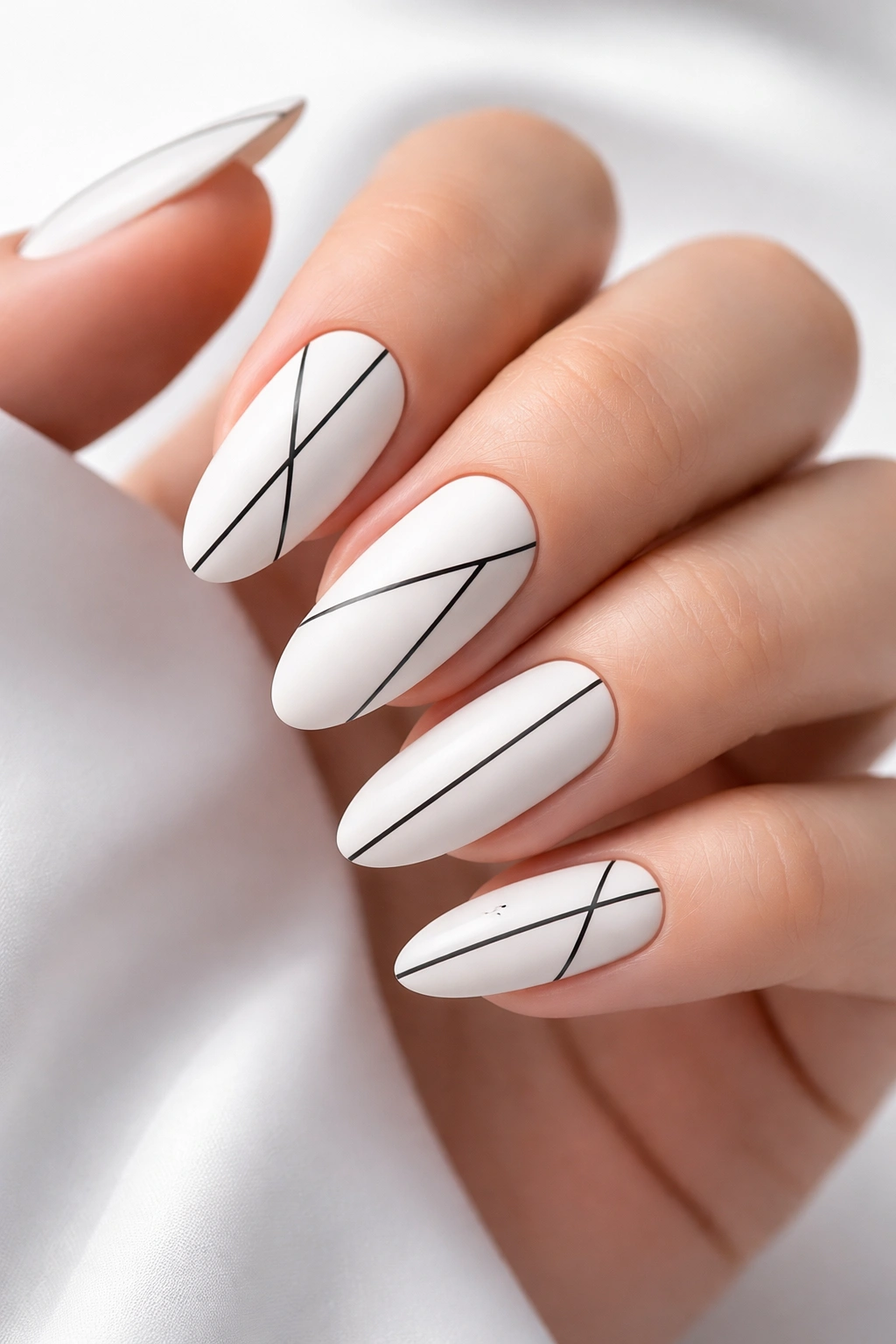 Close-up of matte white long-oval nails with geometric black lines