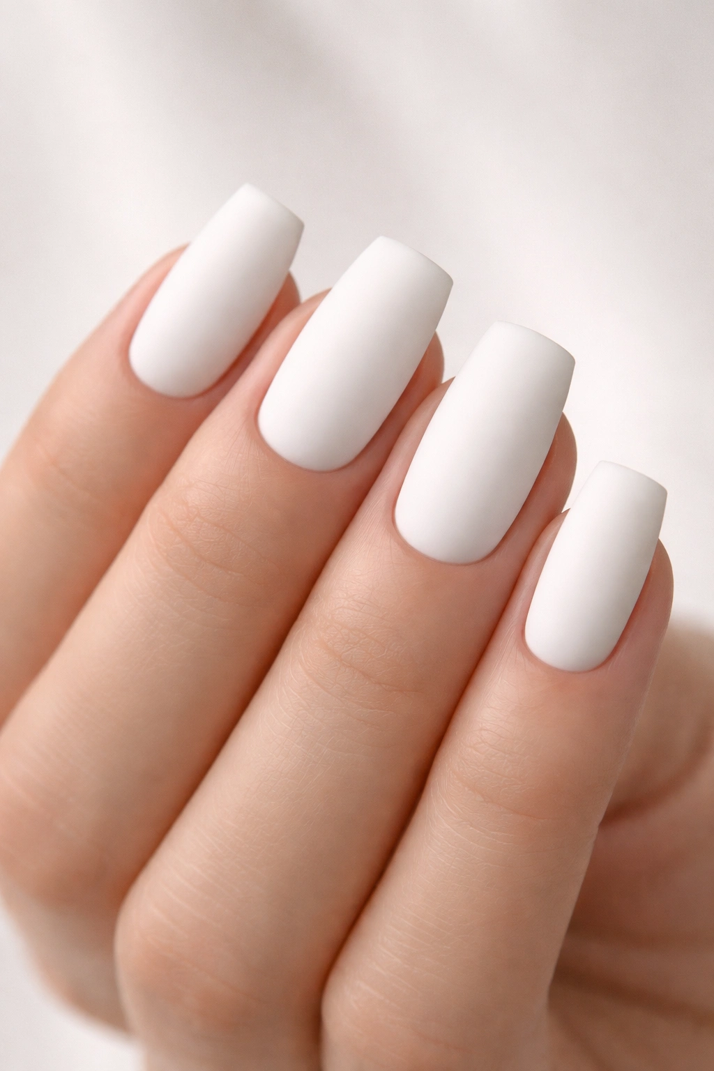 Close-up of nails with soft white matte finish on square tips