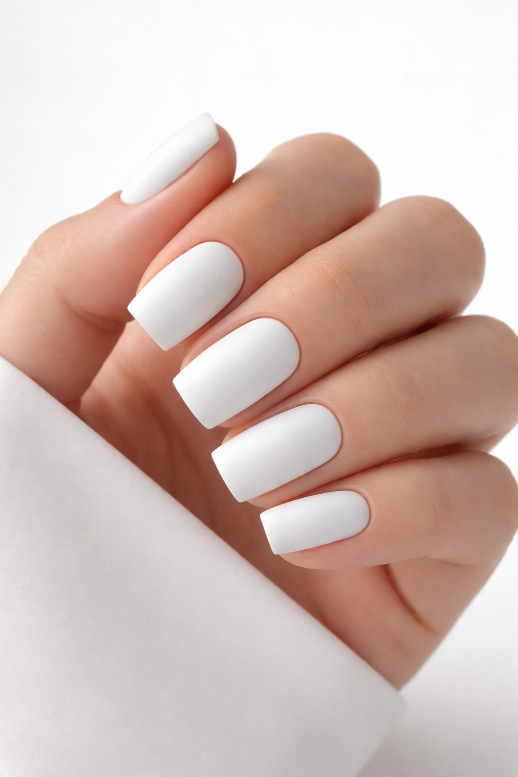 Close-up of short square matte white acrylic nails on a clean hand.