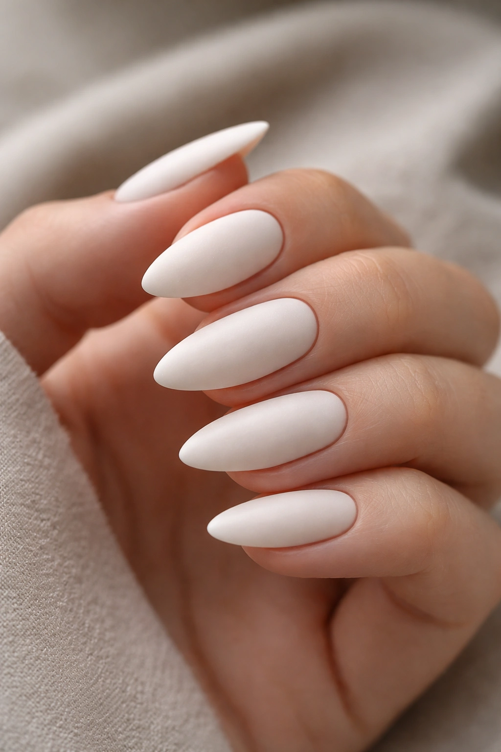 Close-up of matte white almond nails with velvety texture