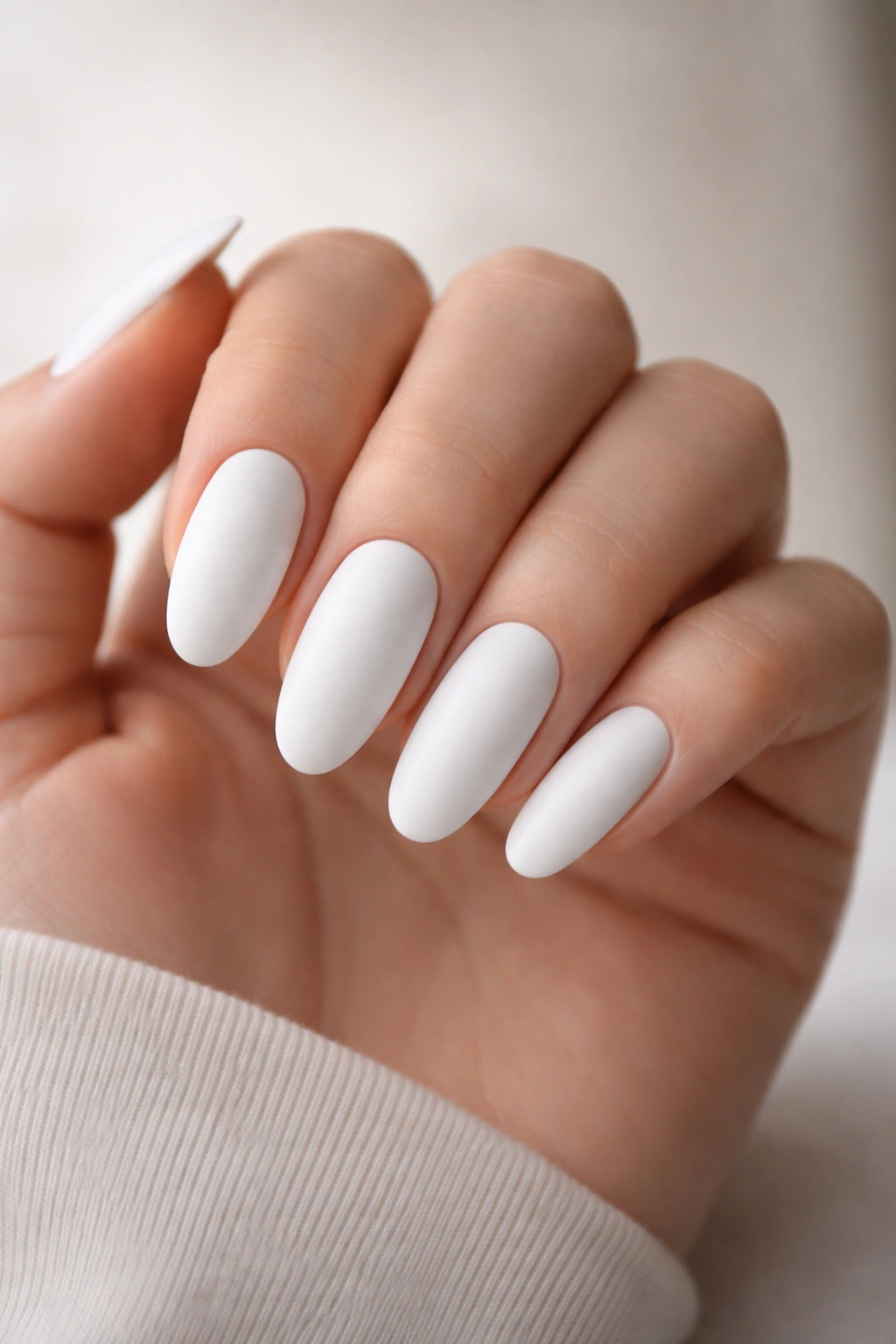 Close-up of matte white long oval nails with a chalky finish