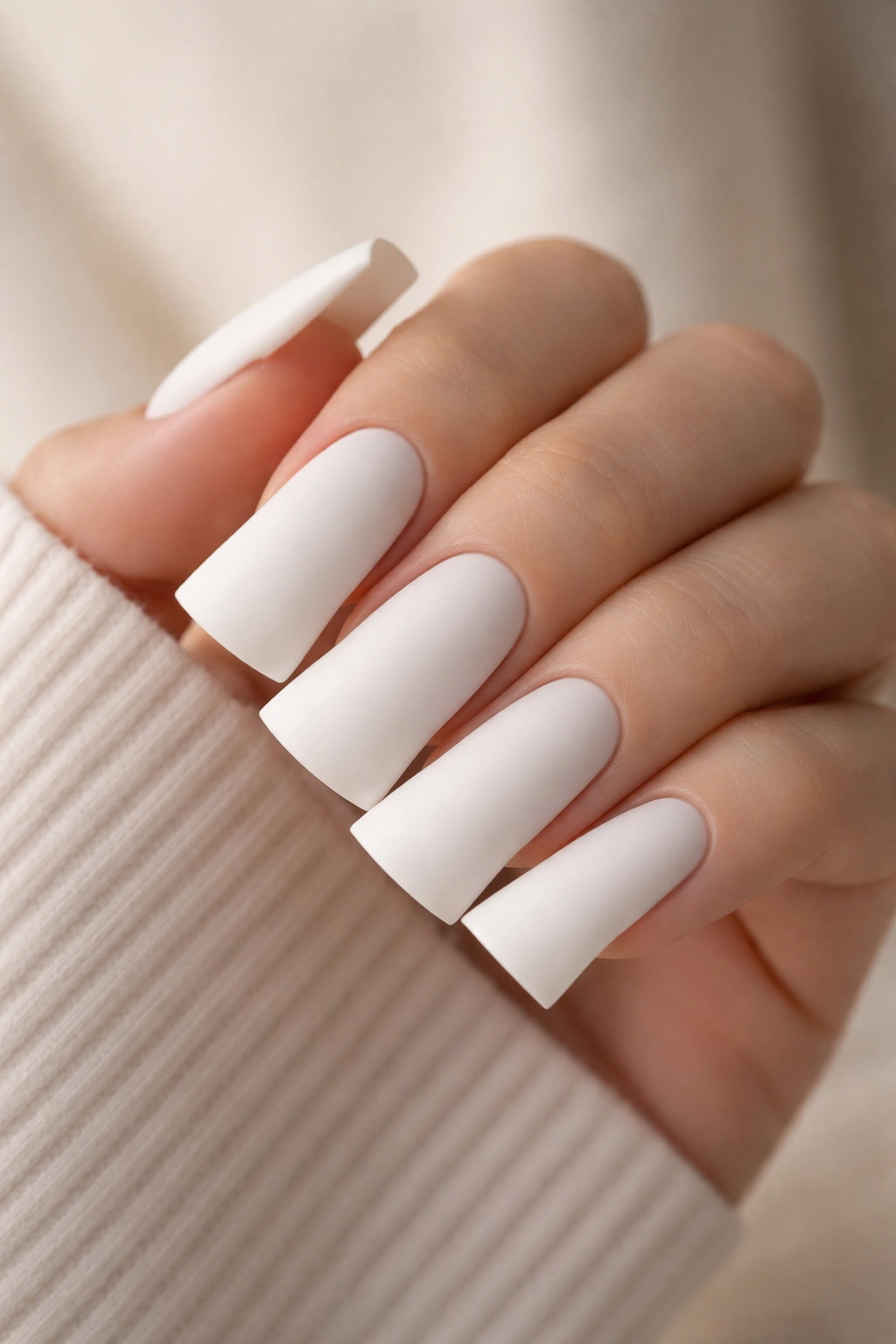 Close-up of matte white duck nails