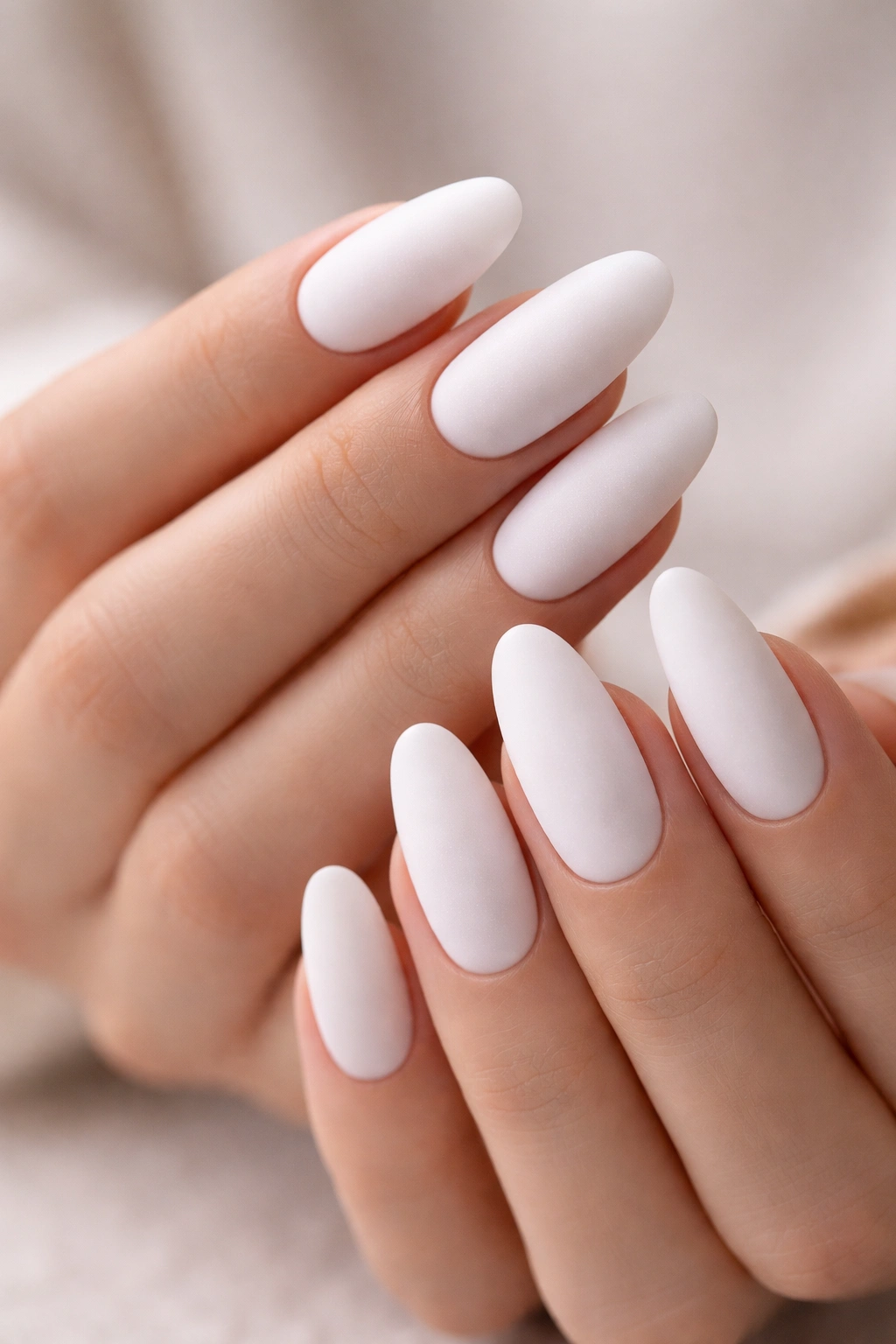 Close-up of frosted matte white long oval nails with velvety finish