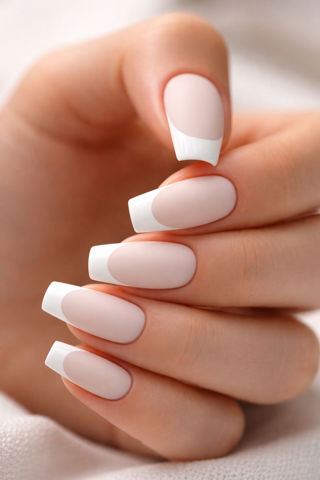 Close-up of matte white nails with glossy white tips