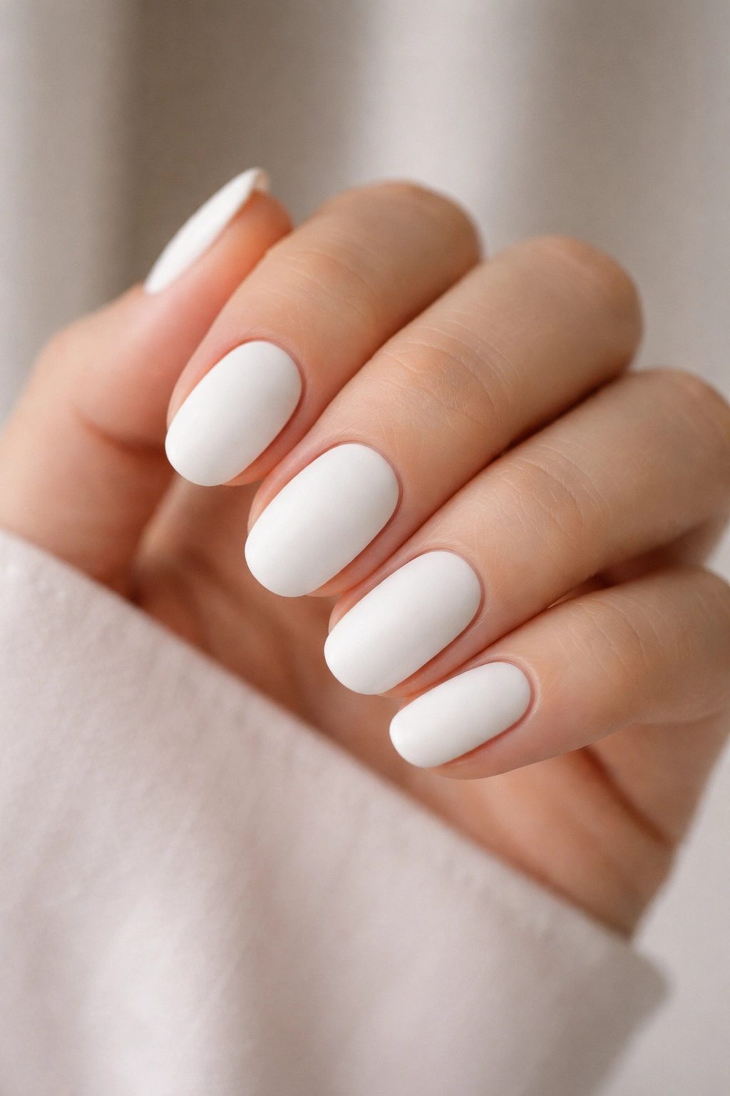 Close-up of matte white short oval nails