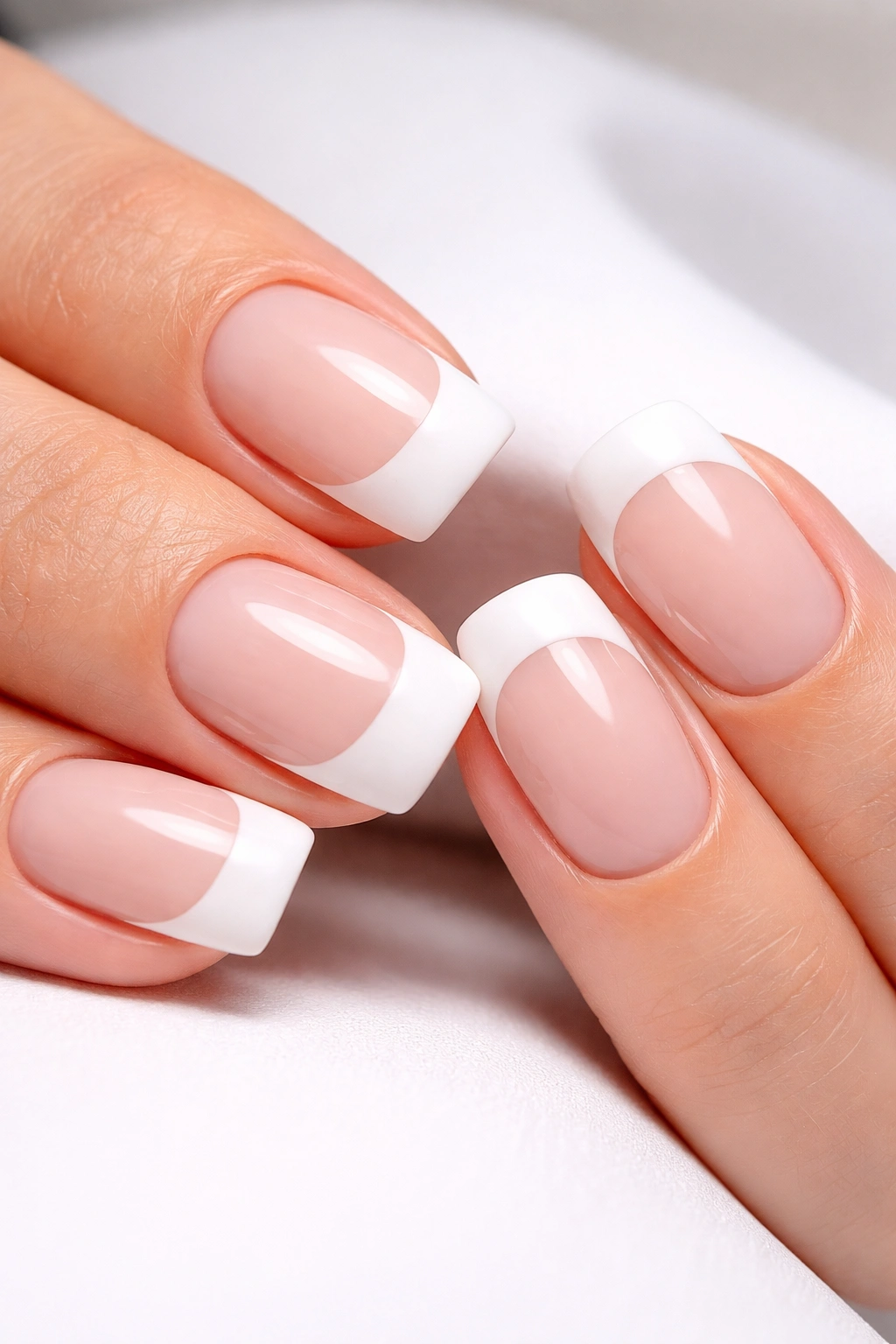 Short nails with matte white tips on glossy neutral base
