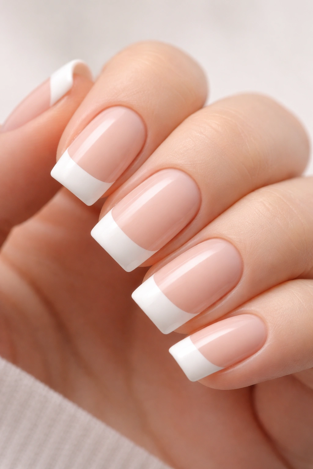 Close-up of short squoval nails with matte white tips and glossy nude base