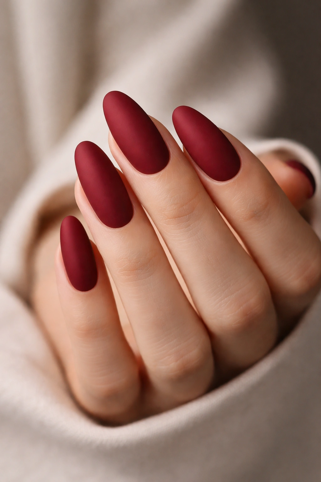 Close-up of long oval nails in matte wine red polish.