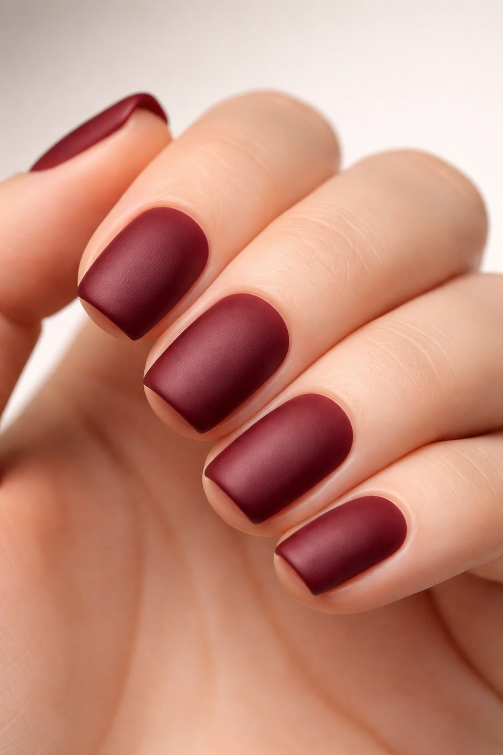 Close-up of short squoval nails in rich wine red with matte burgundy finish