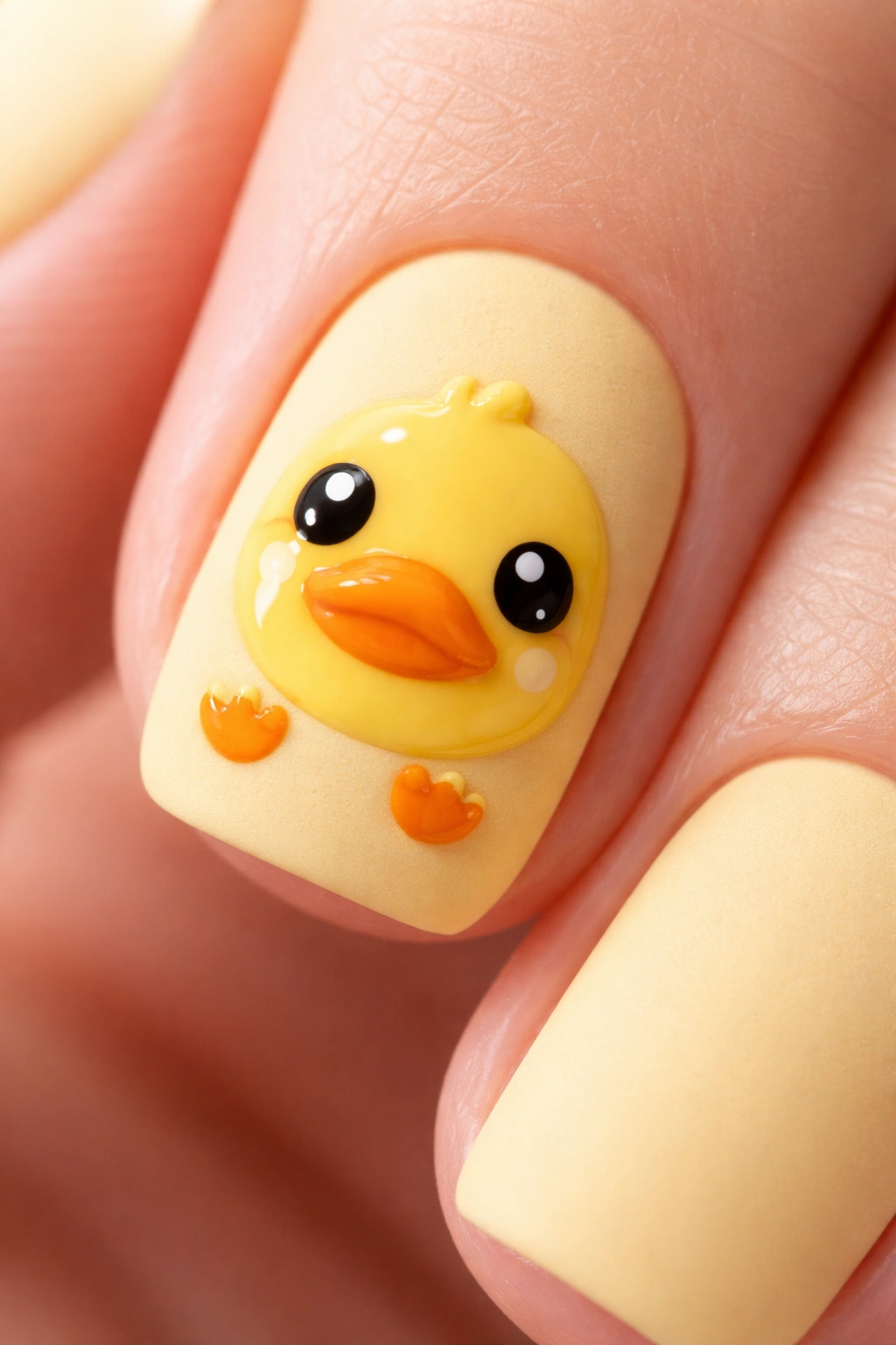 Matte yellow nail with glossy duck face topcoat