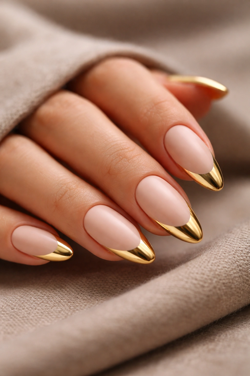 Almond nails with matte nude base and glossy gold tips close-up