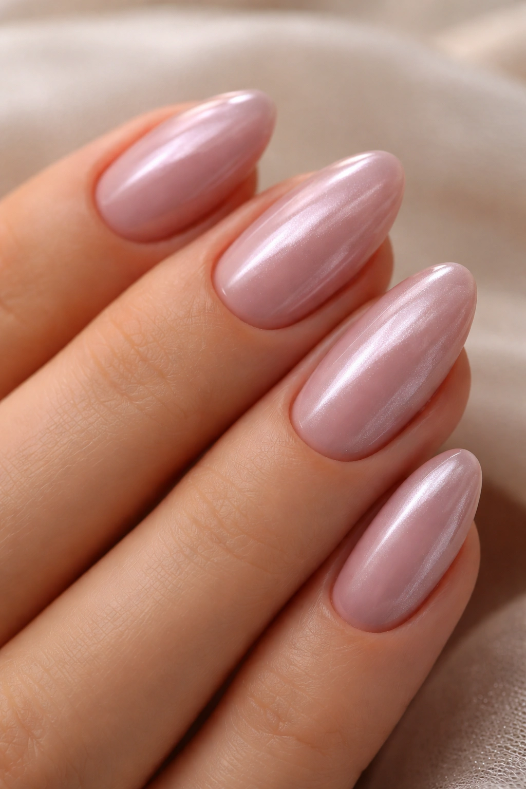 Close-up of short almond nails with mauve base and chrome veil