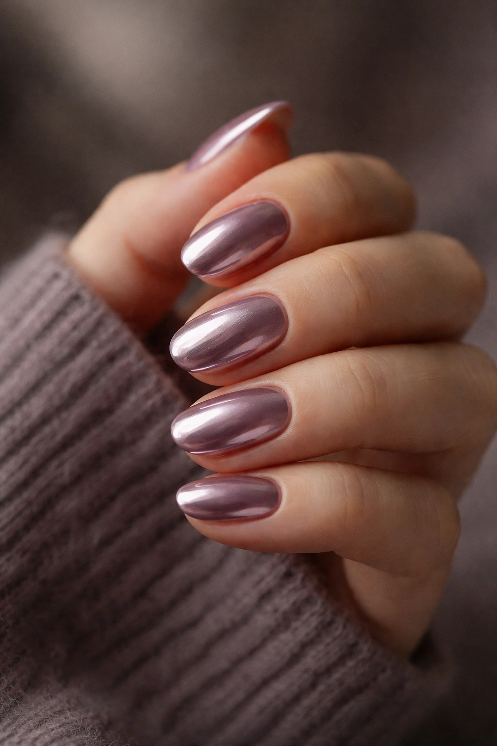 Close-up of short oval nails with mauve chrome in a dusty metallic mood