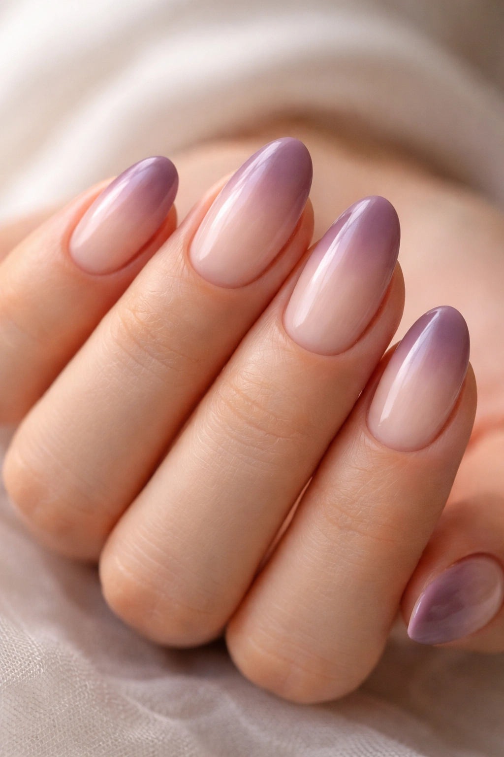 Close-up of short almond nails with mauve cloud tips