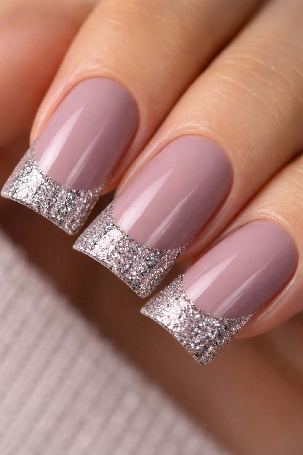 Duck nail with mauve base and glitter tips in contrasting shade.