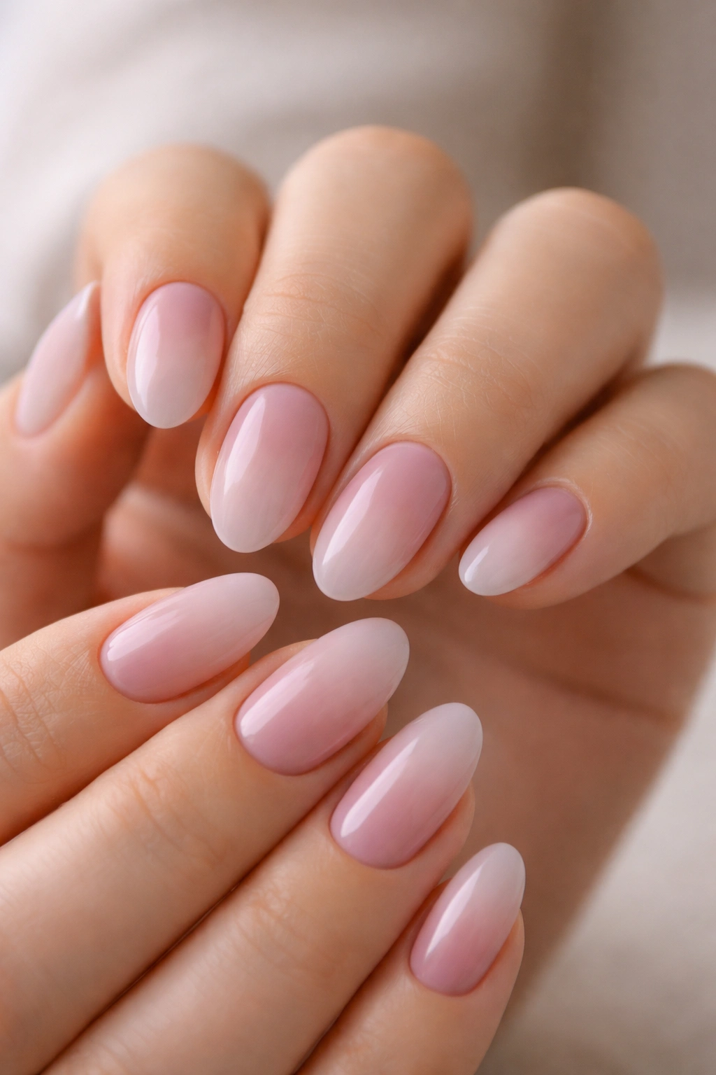 Close-up of short almond nails with soft mauve fade for balanced nails