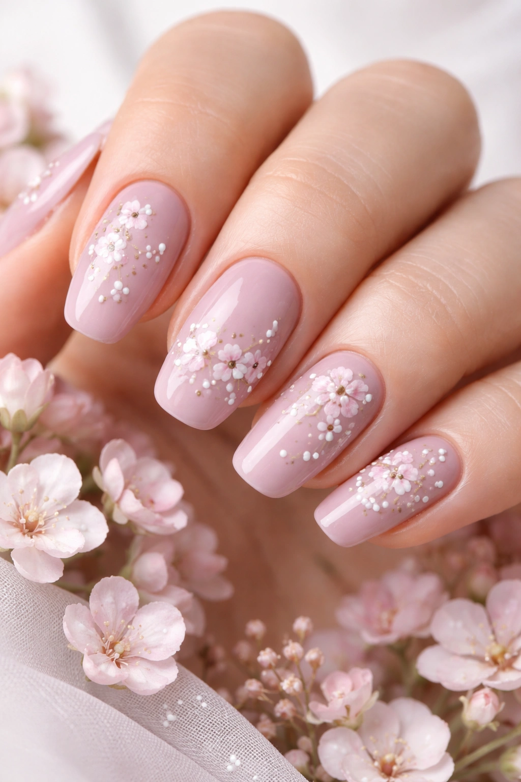 Nails with delicate mauve floral designs