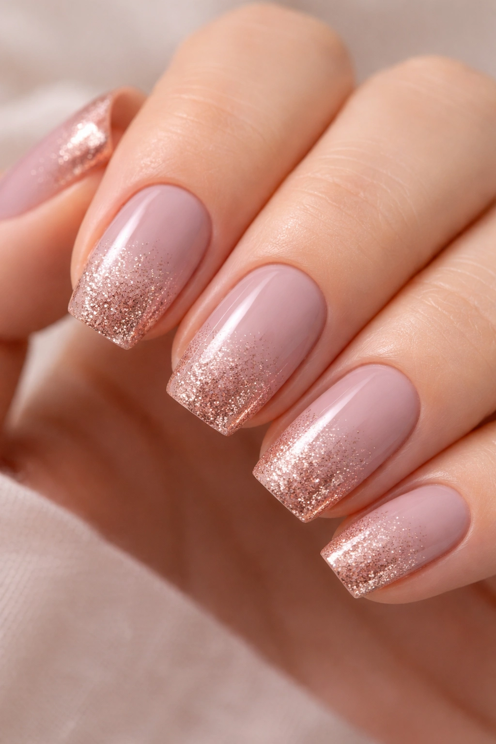 Close-up of mauve nails with rose gold glitter ombre on short squoval nails