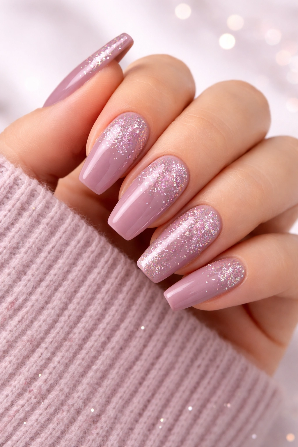 Close-up of mauve nails with glitter accents on tips; gradient sparkle