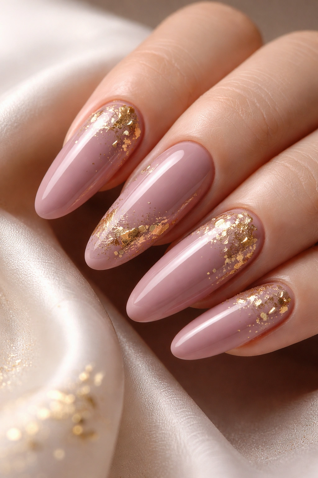 Long oval mauve nails with gold leaf accents