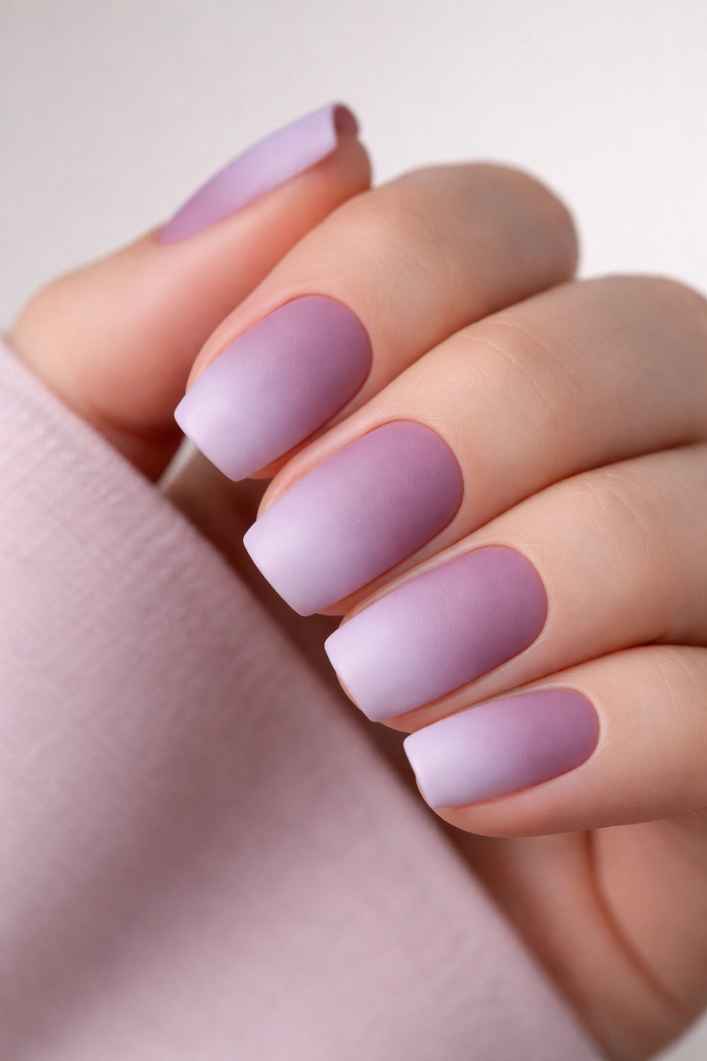 Close-up of short squoval nails mauve to lavender matte ombre