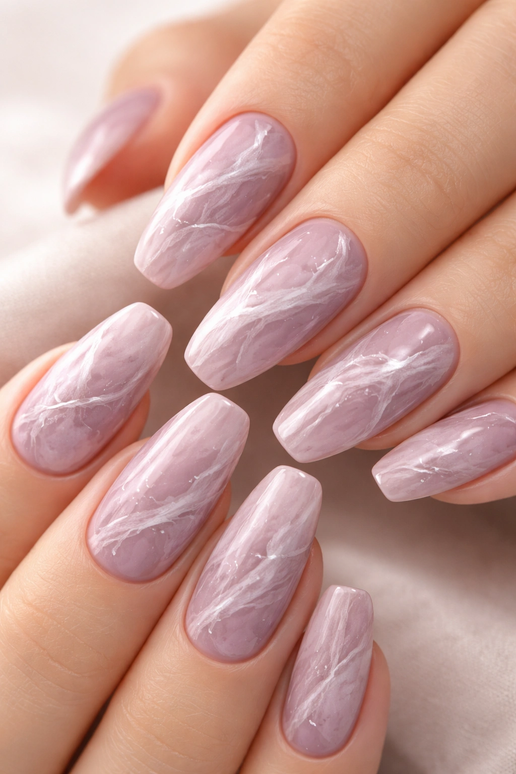 Mauve marble nails with white and grey veining