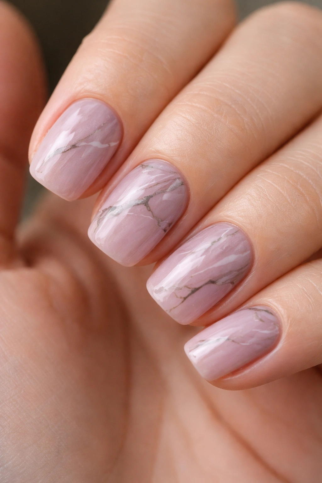 Close-up of mauve squoval nails with marble veining