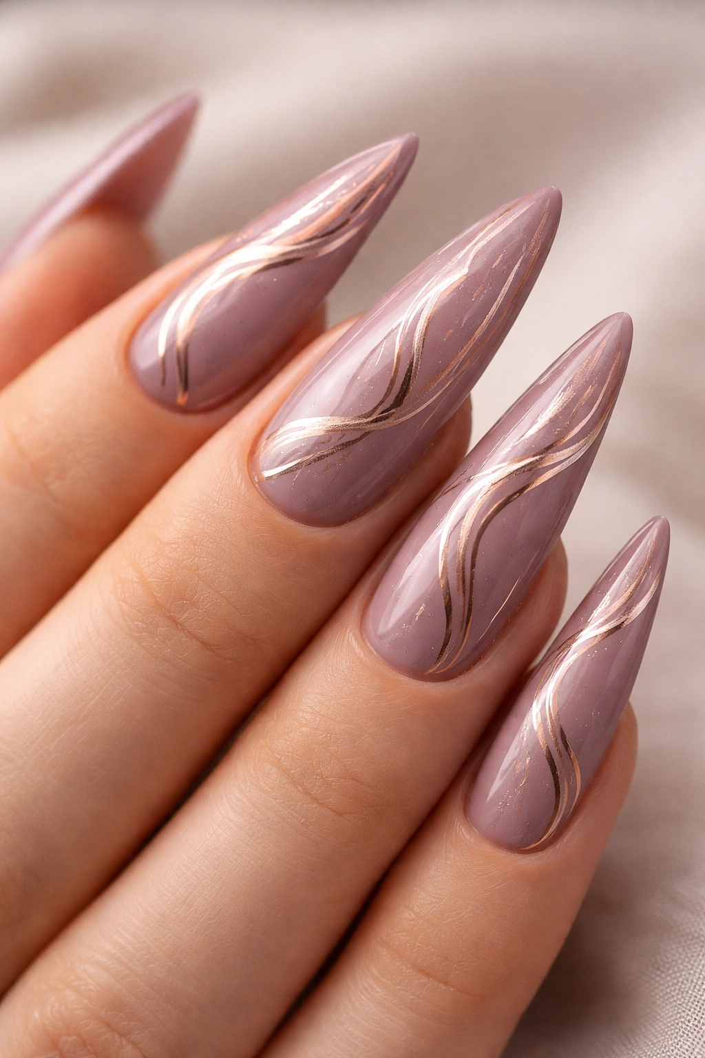 Close-up of mauve stiletto nails with organic metallic swirls