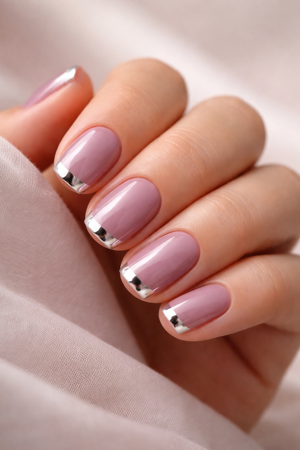 Close-up of short squoval nails with mauve base and metallic tips on a neutral background