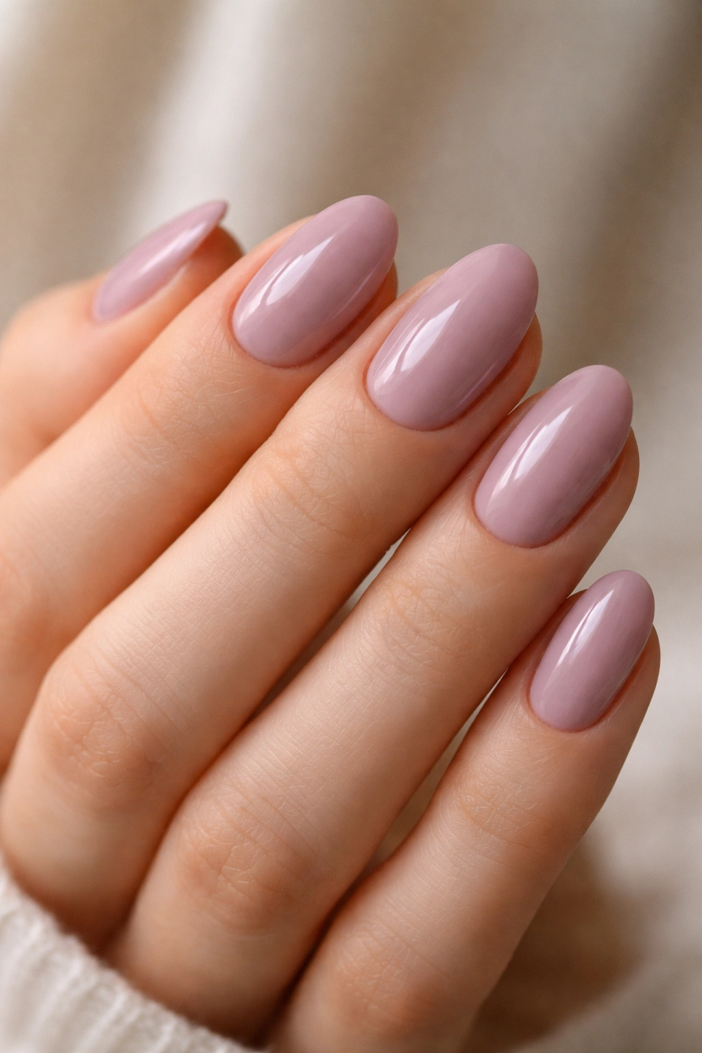 Close-up of short almond nails in mauve milk with a glossy finish