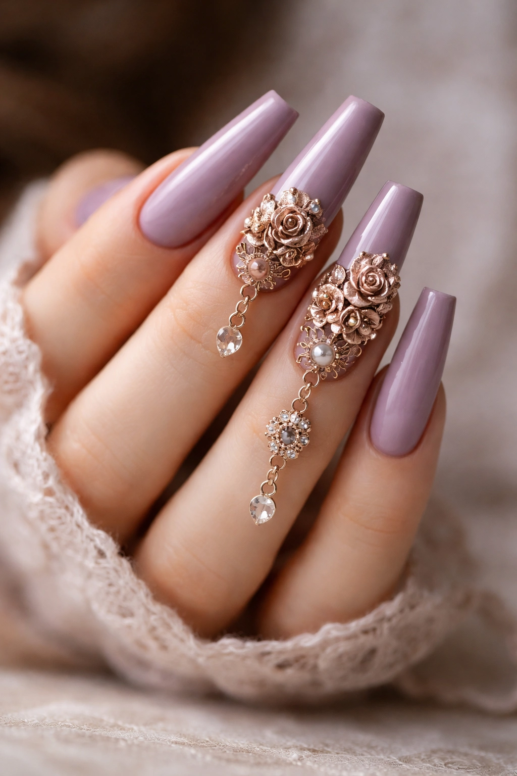 Close-up of mauve coffin nails with rose-gold floral charms on a hand