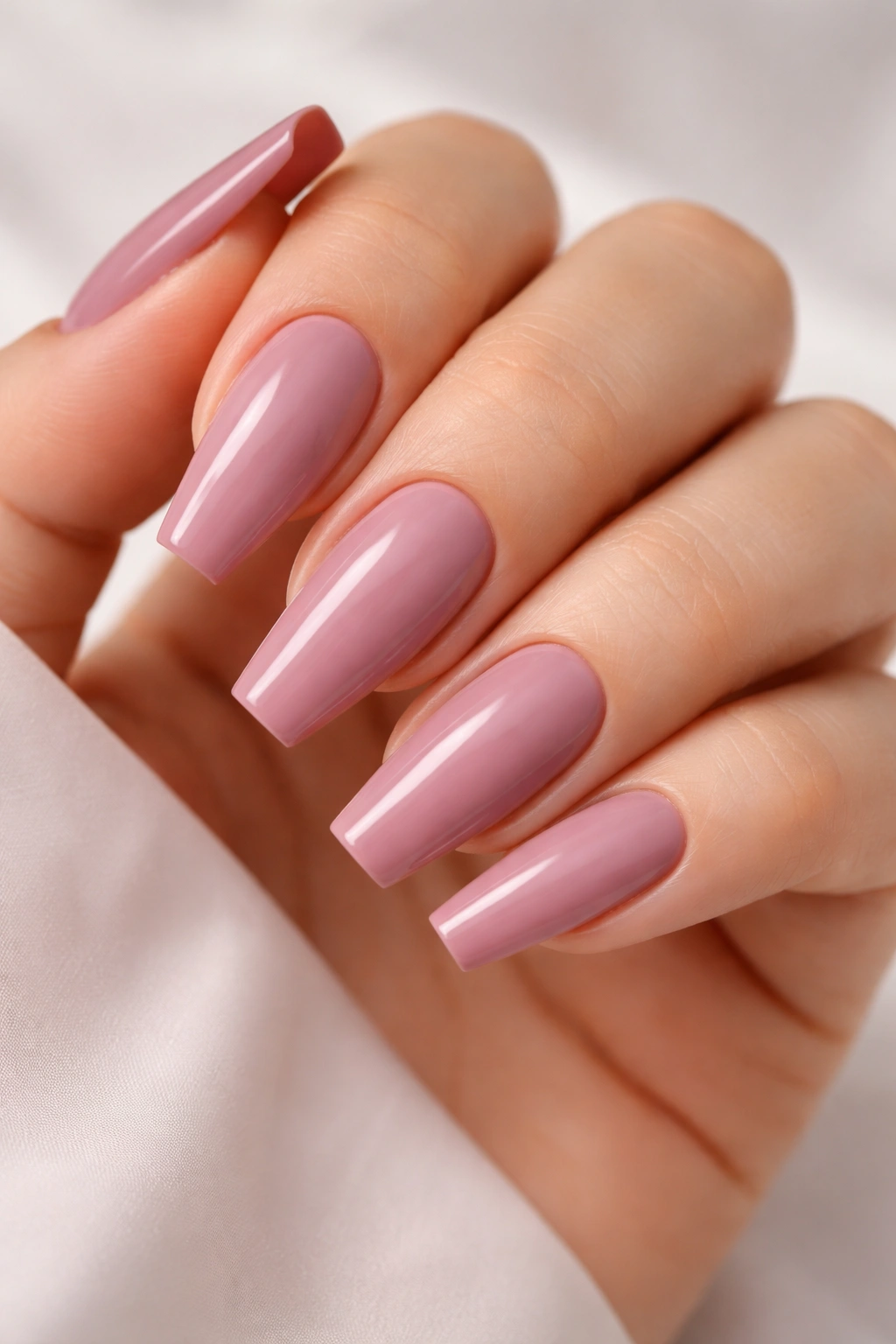Close-up of glossy cream mauve ballerina nails with tapered tips