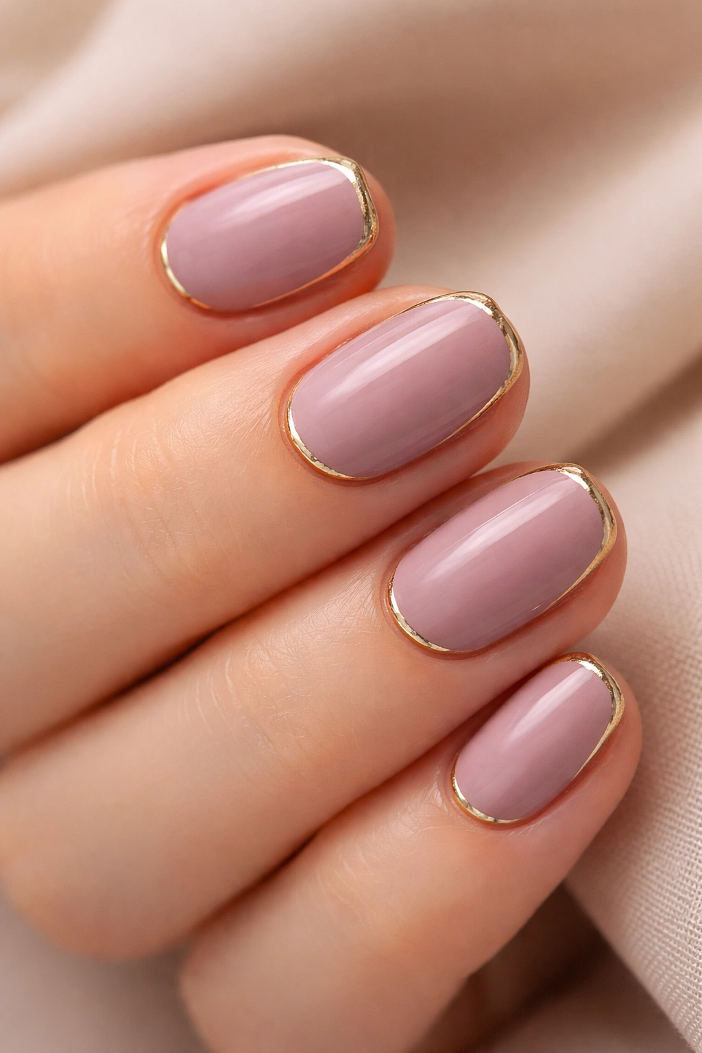 Mauve nails with metallic gold outline on short nails.