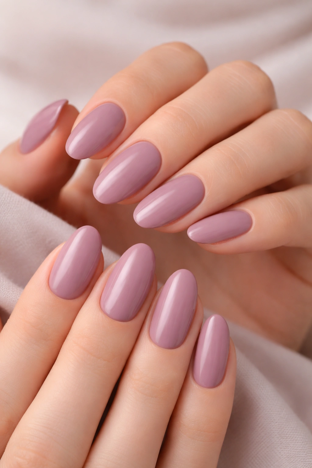 Close-up of mauve nails with a soft pink-purple hue