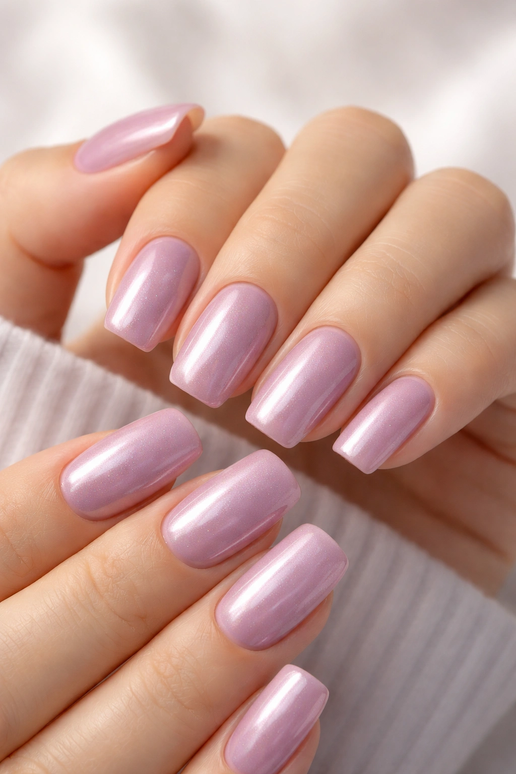 Close-up of mauve nails with pearl finish catching light