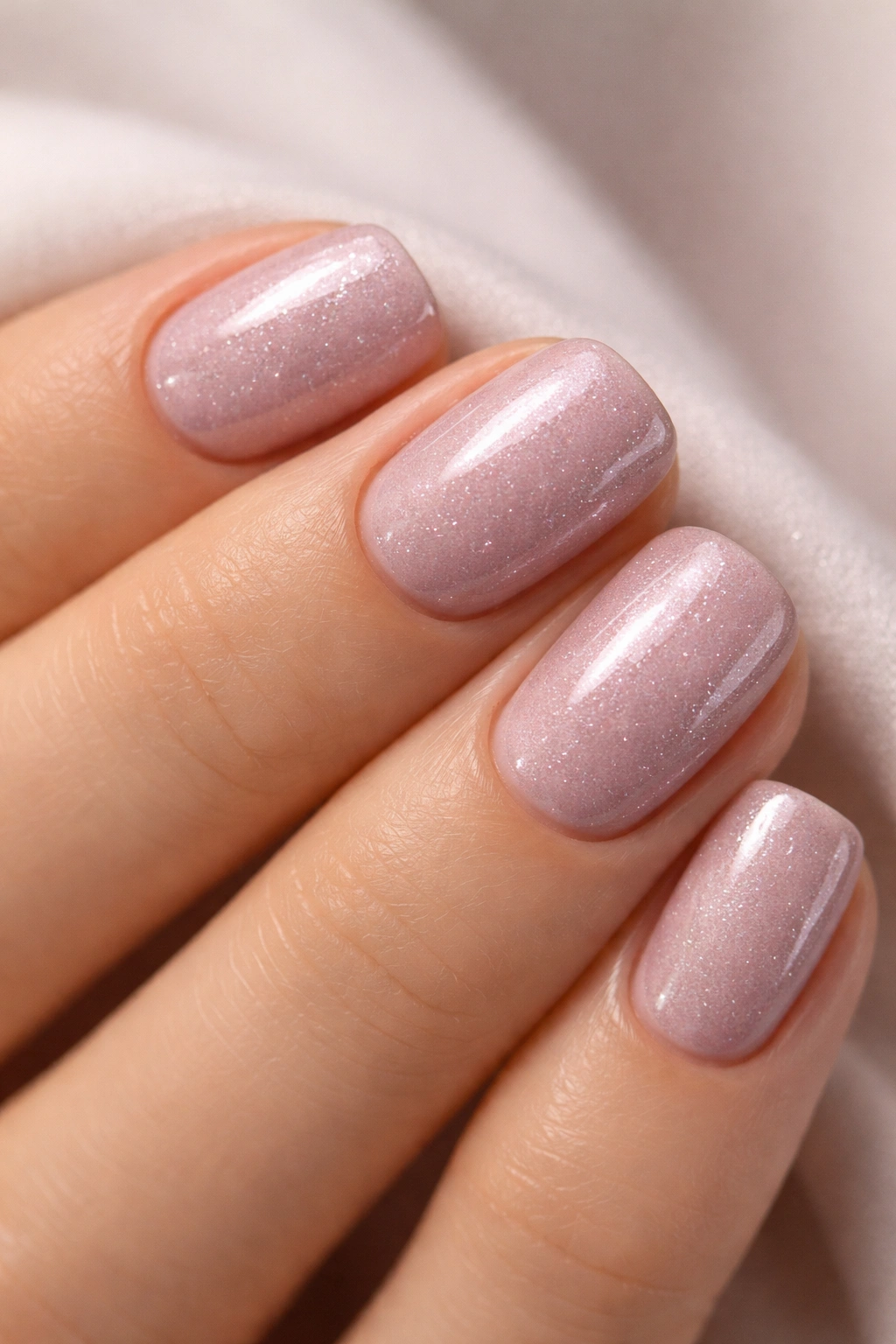 Close-up of soft mauve short squoval nails with pearl finish and subtle glitter