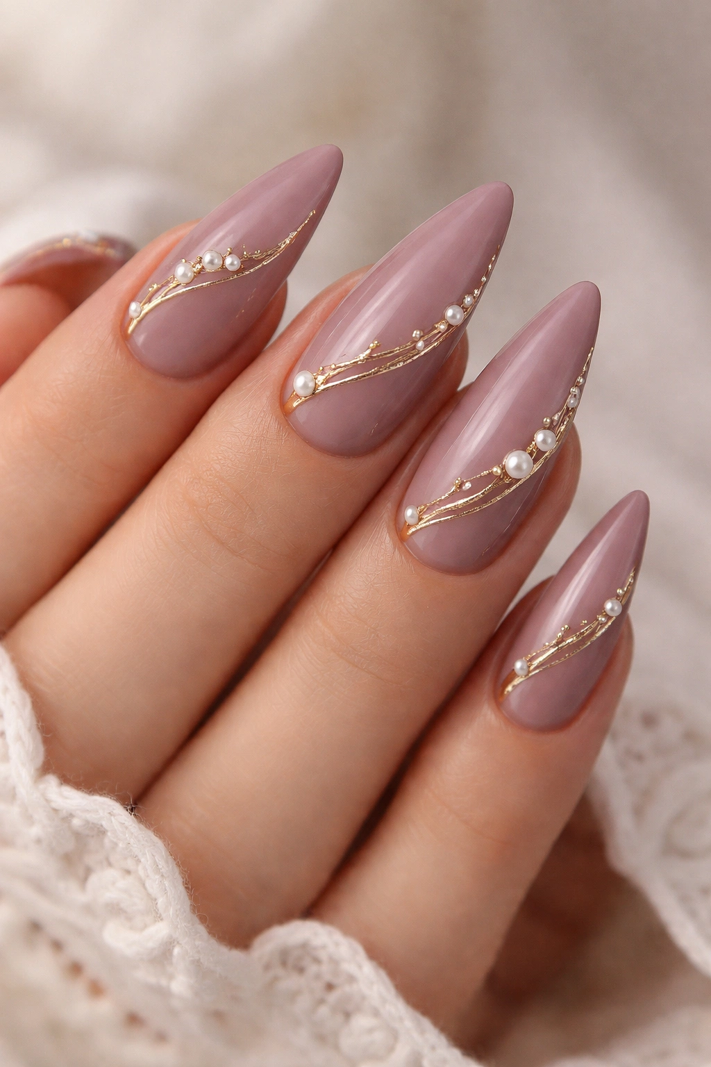 Mauve stiletto nails with pearl and gold details