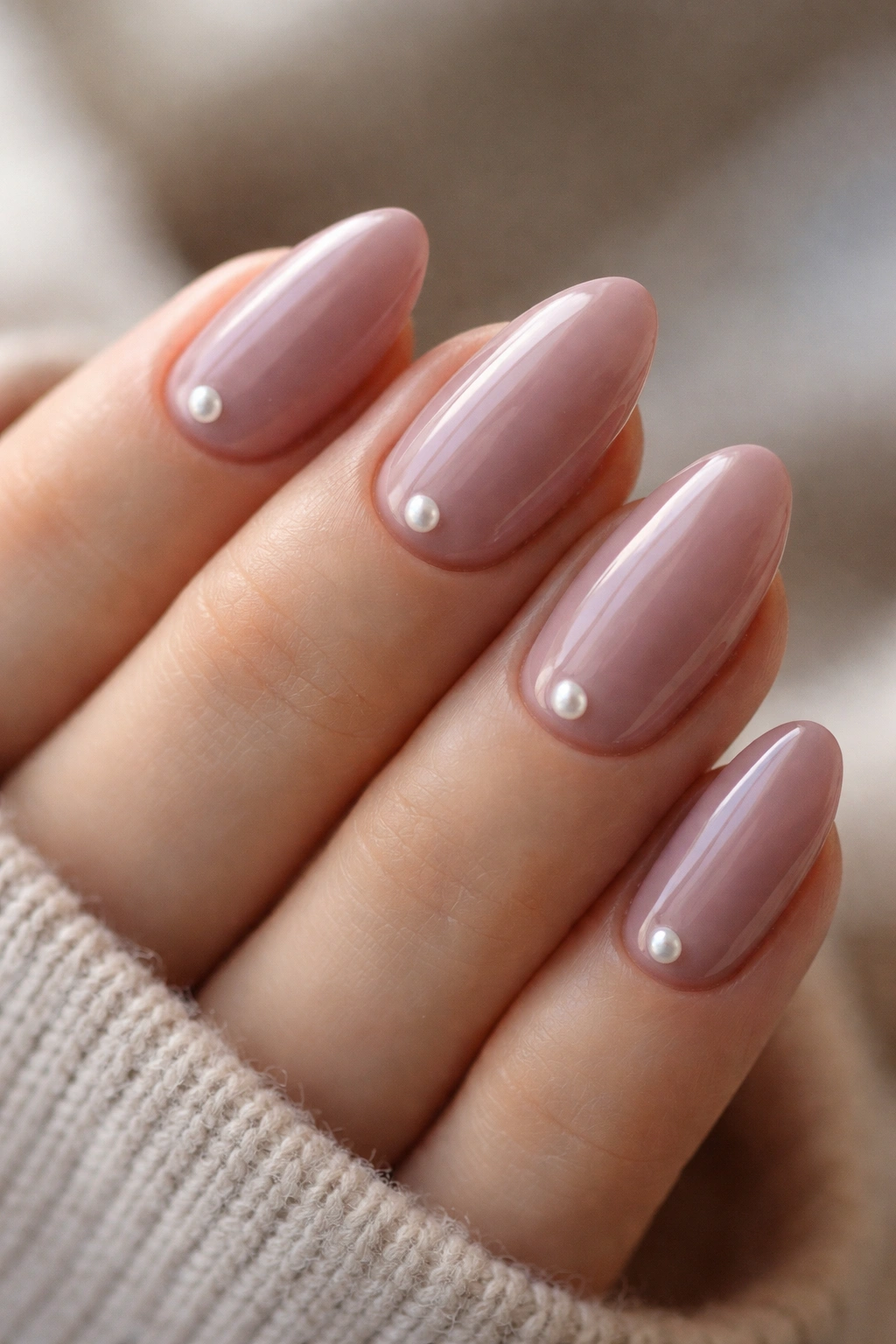 Close-up of short mauve almond nails with tiny pearl embellishments on each nail