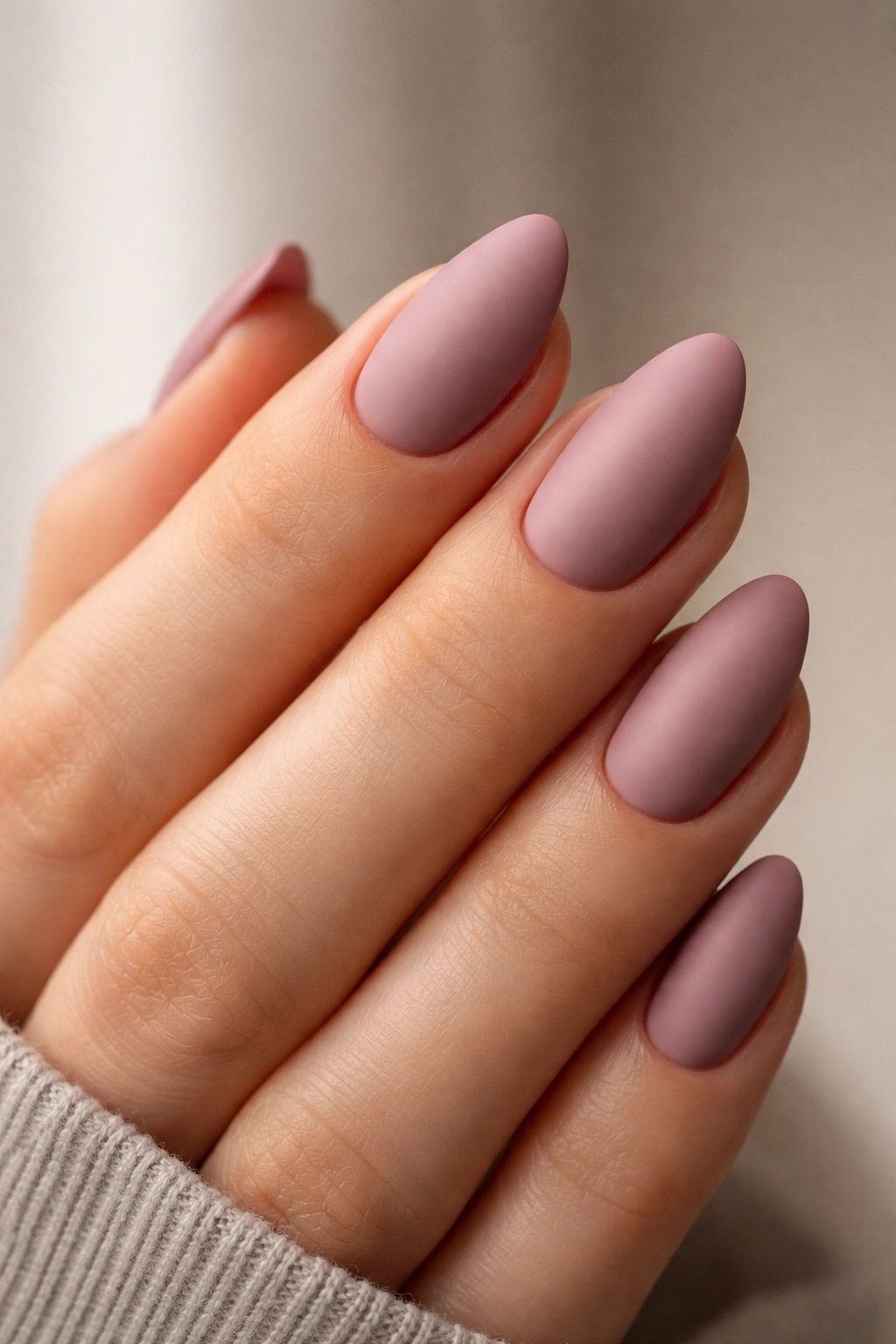 Close-up of short almond nails in soft mauve.