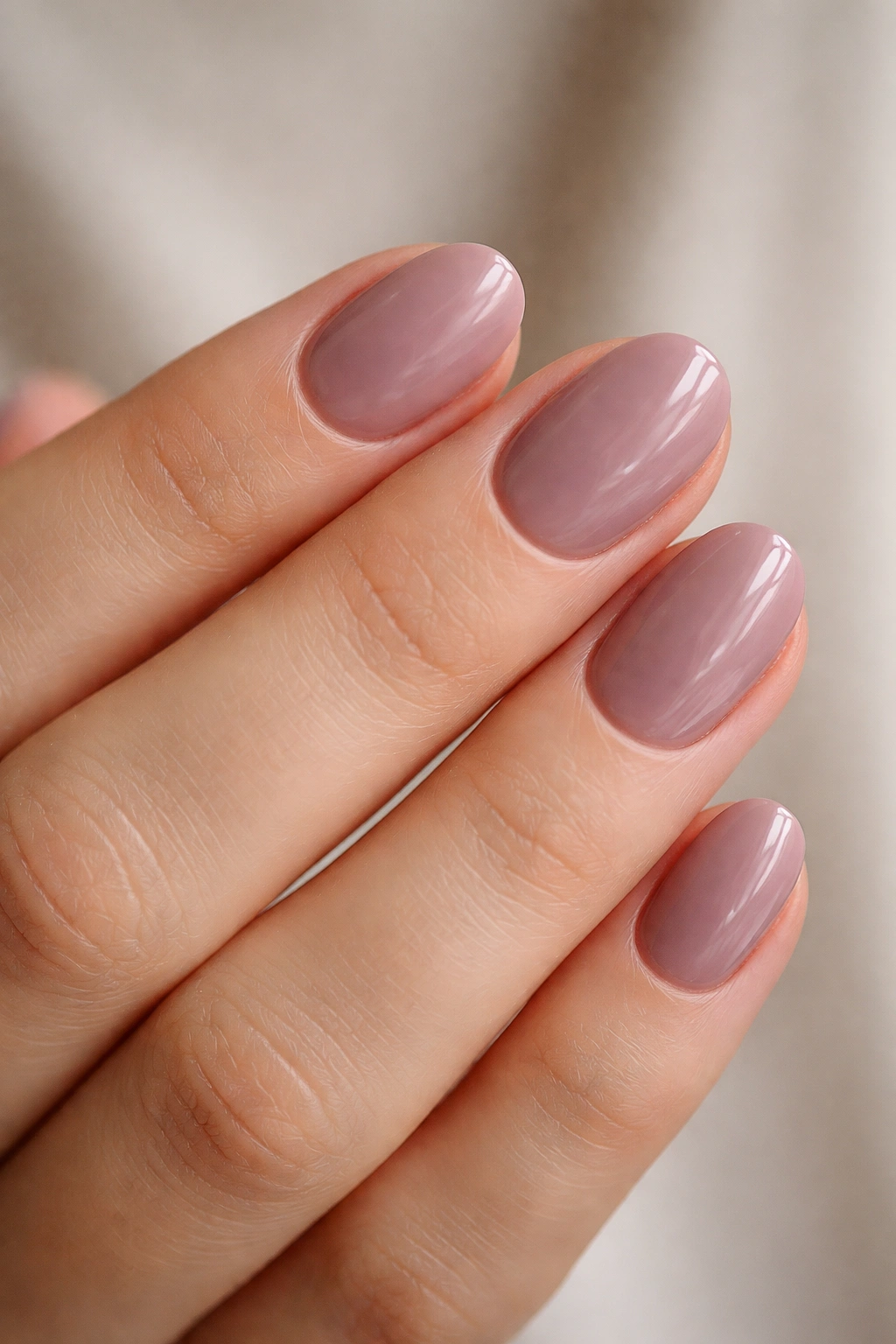 Close-up of short oval nails painted soft mauve with glossy finish