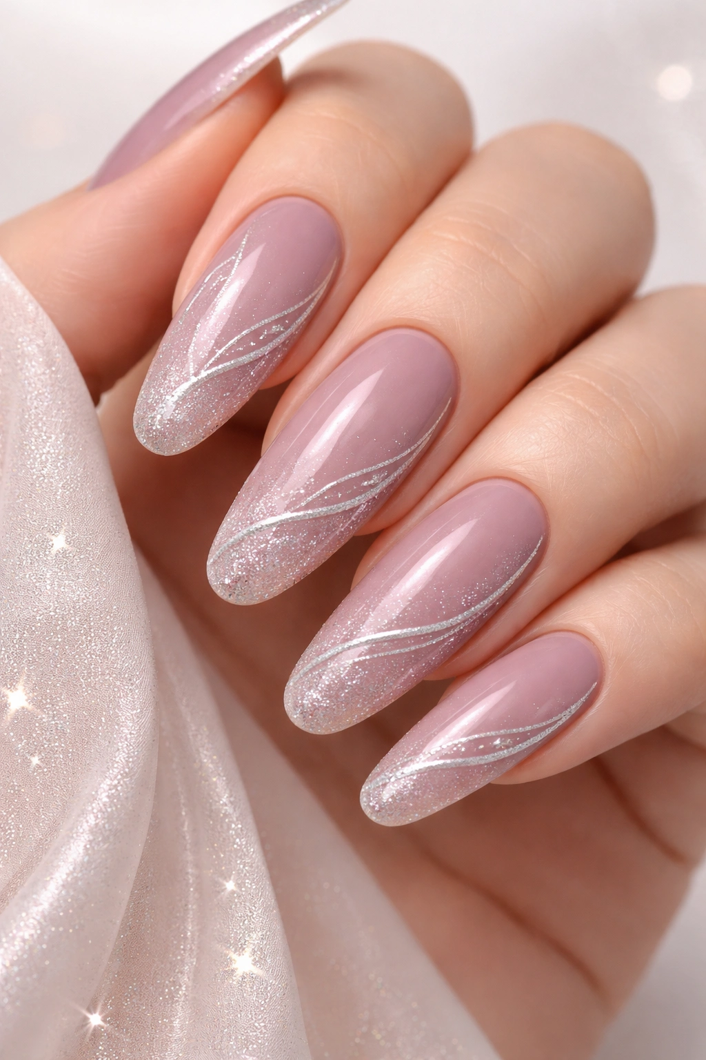 Close-up of mauve nails with silver sparkle and elegant curves on long oval nails