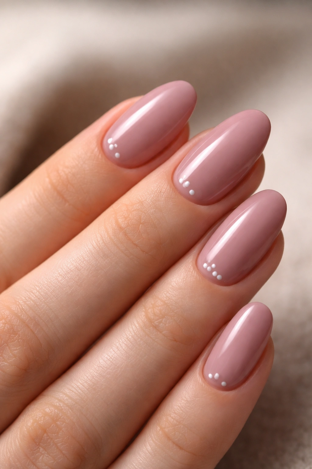 Close-up of mauve nails with small decorative dots near the cuticle on a short almond shape