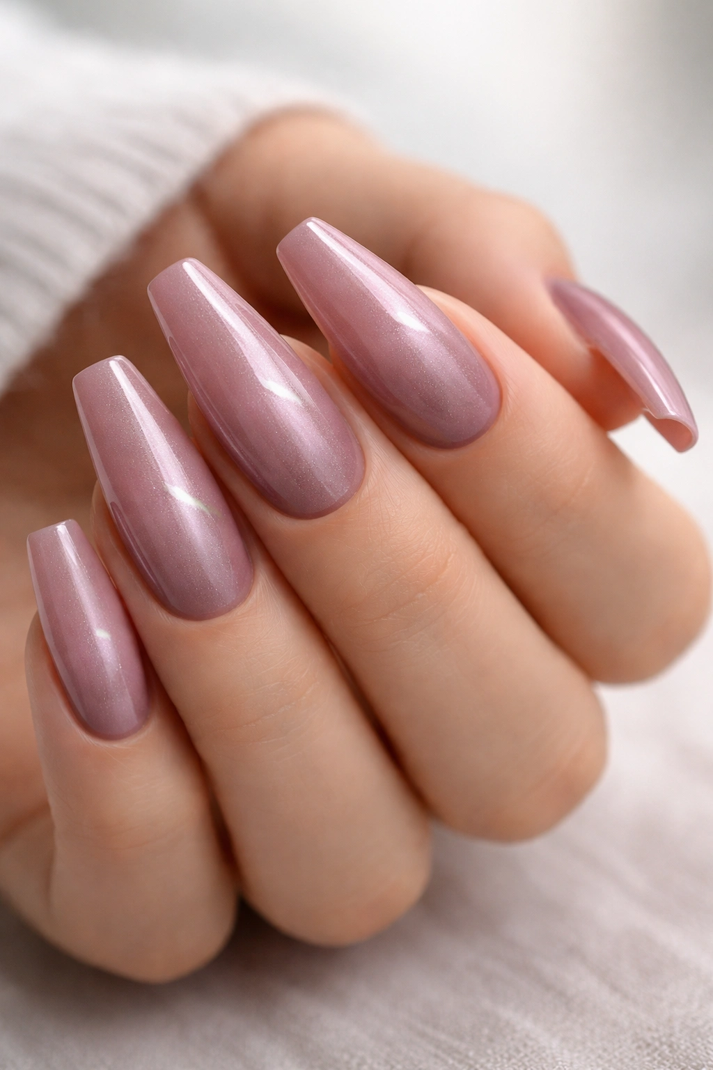 Close-up of mauve ballerina nails with velvet cat-eye glow