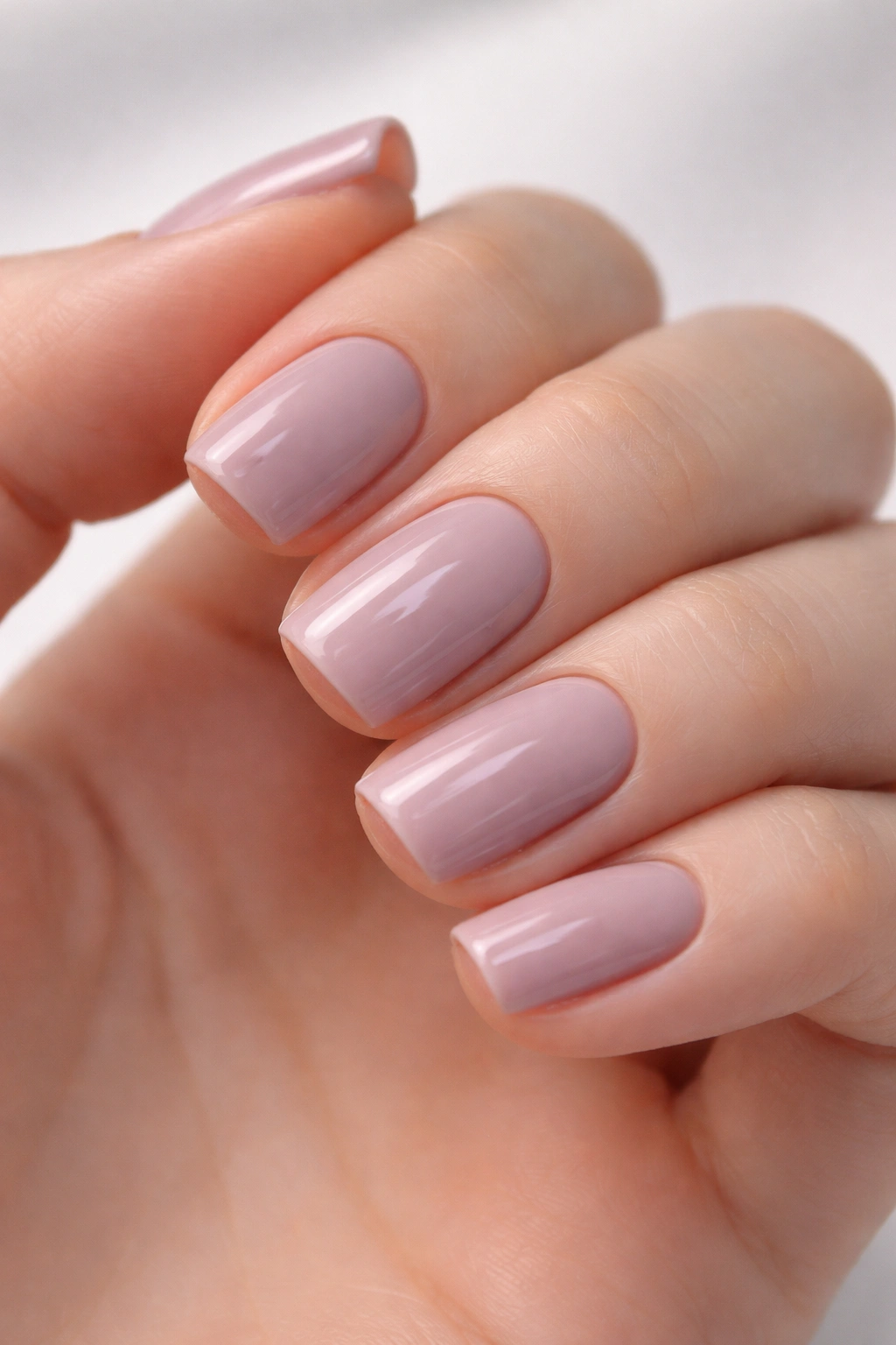 Pale mauve-nude nails on cool-toned skin with glossy finish