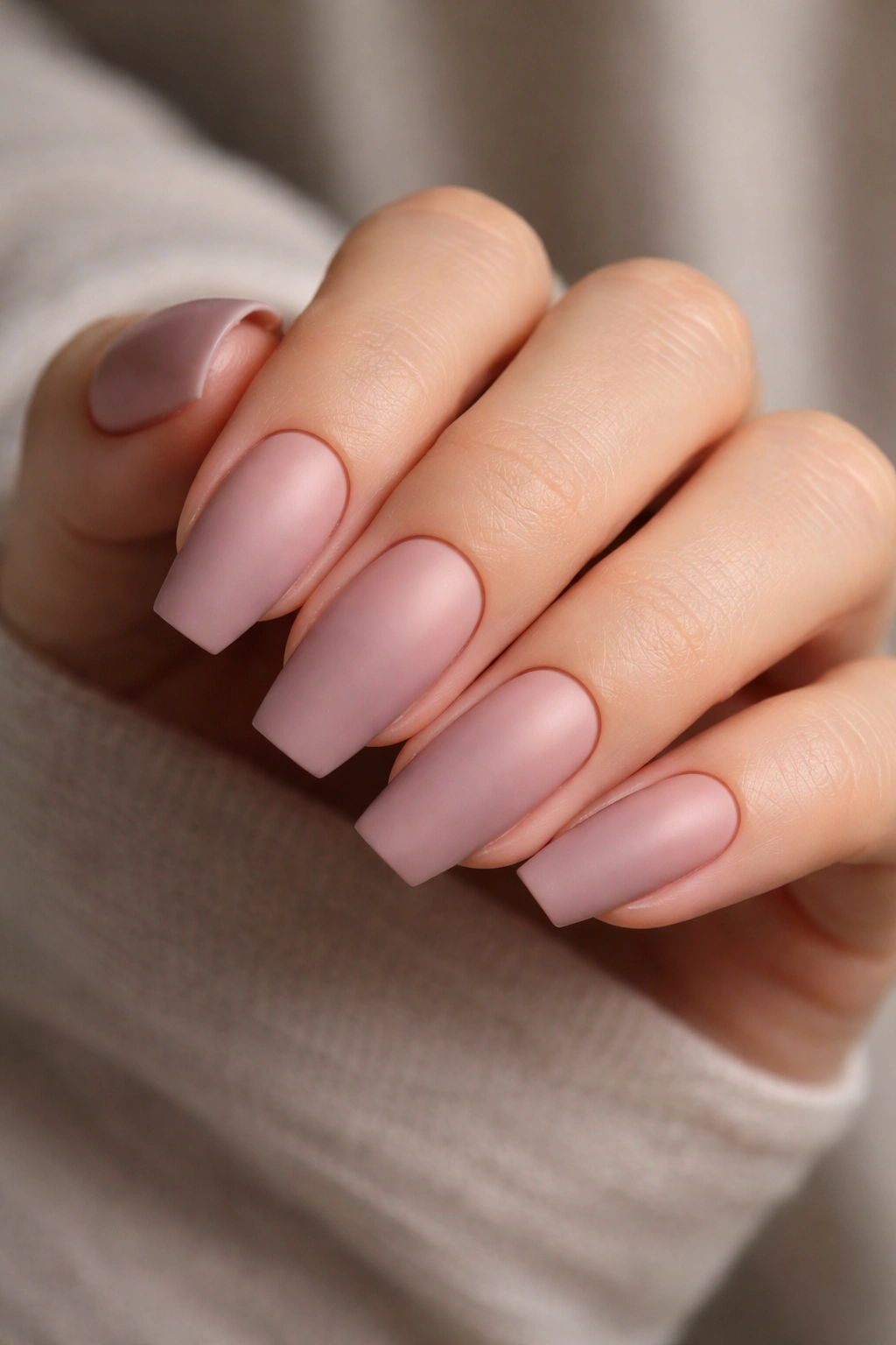 Close-up of mauve nude airbrush fade matte nails