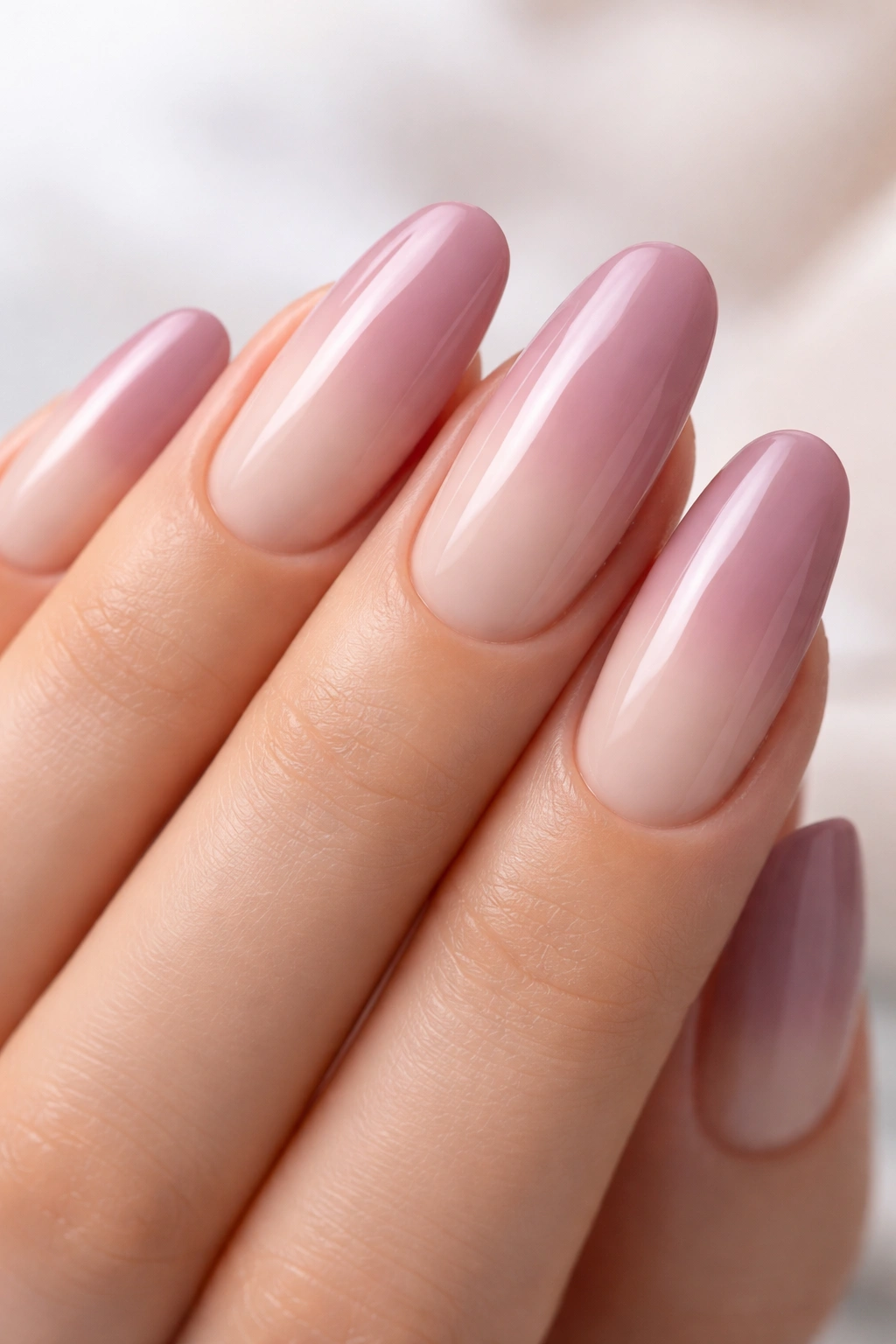 Close-up of mauve to nude ombre nails on long rounded shapes