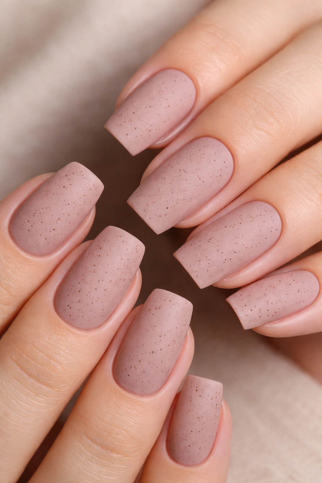 Mauve nude nails with fine brown speckles and velvet matte finish