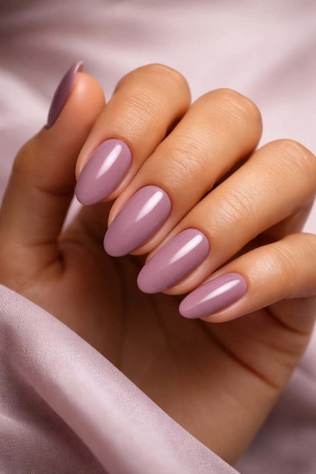 Close-up of an olive-skinned hand with mauve nails in a glossy finish.