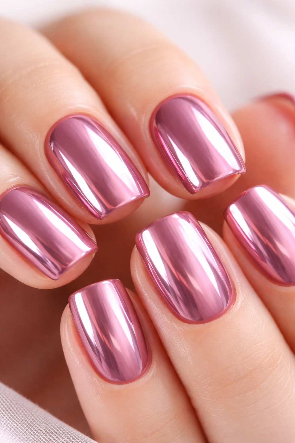 Mauve pink nails with chrome mirror finish reflecting light